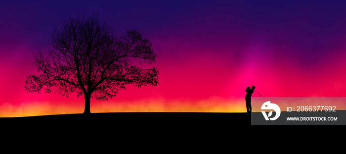 Silhouette young golfers with loan tree in a golf course in twilight time.