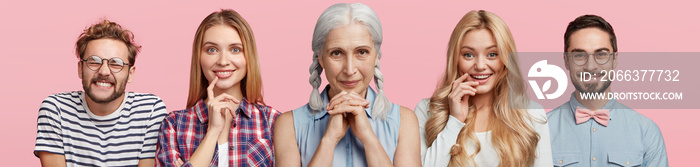 Horizontal shot of five people have different age and interests, express various emotions and facial expressions, isolated over pink background. Grey haired woman, two blonde females and bearded men