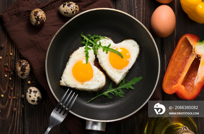 Fried eggs in the form of a heart in a skillet