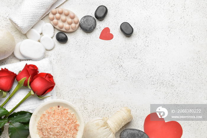 Beautiful spa composition with stones for Valentines Day celebration on light background