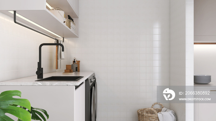 White square tile wall in modern laundry room with terrazzo countertop, black quartz sink, washing m