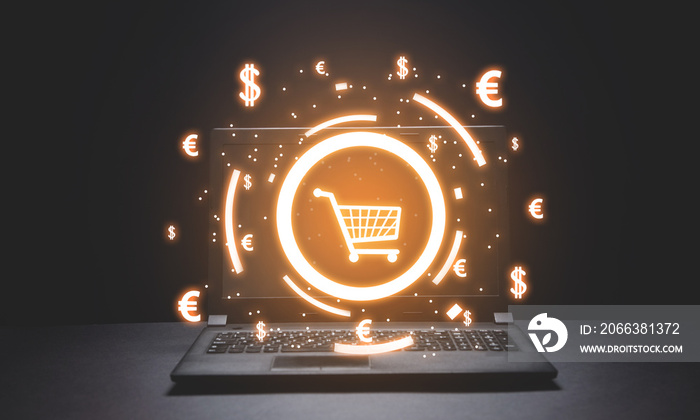Shopping cart and currency symbols. Online Shopping