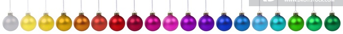 Christmas balls decoration banner colorful in a row isolated on white