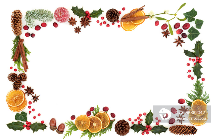 Traditional Christmas and winter flora and food with loose berries forming an abstract background bo