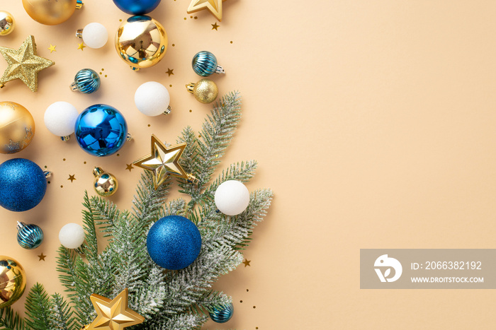 Christmas tree decorations concept. Top view photo of pine branch in hoarfrost decorated with star o