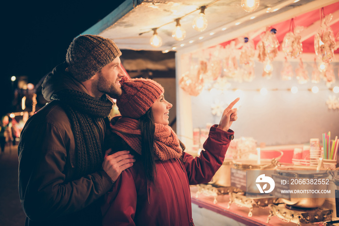 Nice attractive charming lovely cheerful sweet couple wearing warm outfit spending December winter l