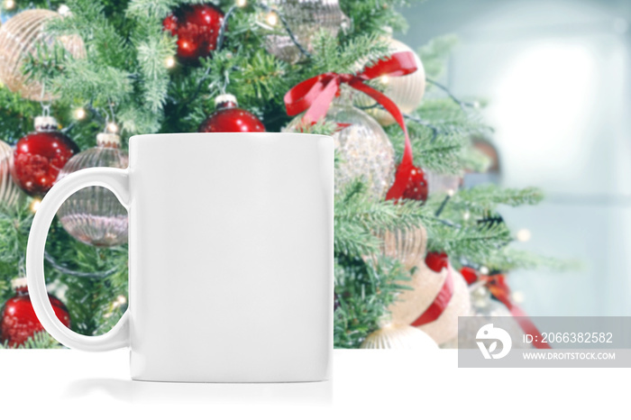 Mug mock up bright Christmas tree decoration background