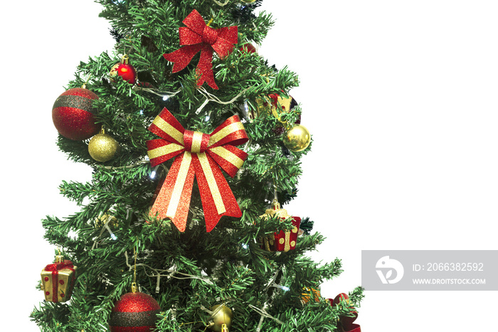 Close up of decorations on a Christmas tree. Selective focus and transparent background.