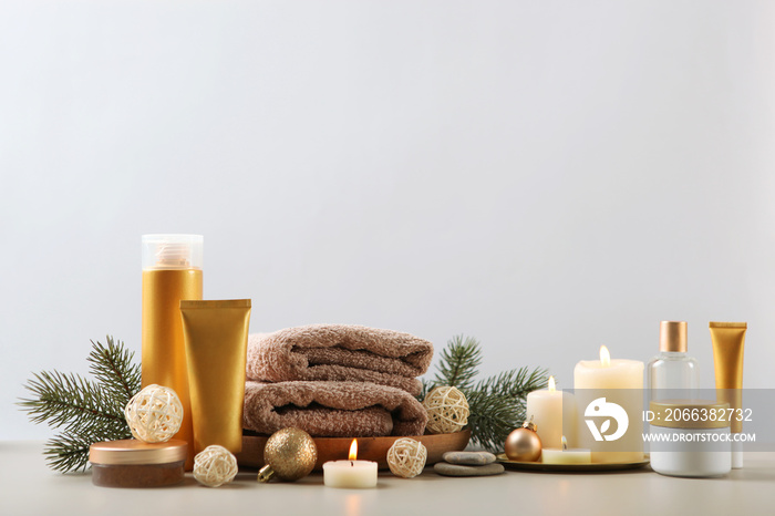 spa composition on the table and Christmas accessories. Relaxation care products. Skin care