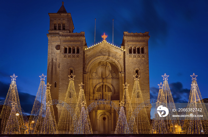 View of Parish Church of St Peters Chains in Birzebbuga, Malta with Christmas decorations and Light