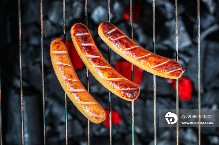 grilled sausages, charcoal bbq menu concept. food background. top view copy space for text