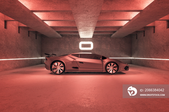 Sports car in red garage