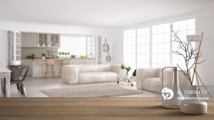 Wooden table top or shelf with minimalistic modern vases over blurred minimalist classic living room