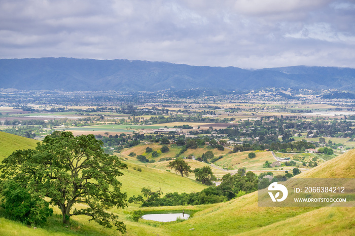 Aerial view of South Valley town as seen from Coyote Lake Harvey Bear Ranch County Park, south San F