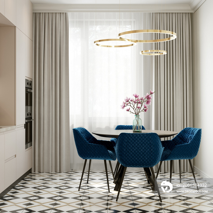 Modern interior of the dining room. Ceramic tile floor in a geometric pattern. Round table and comfo