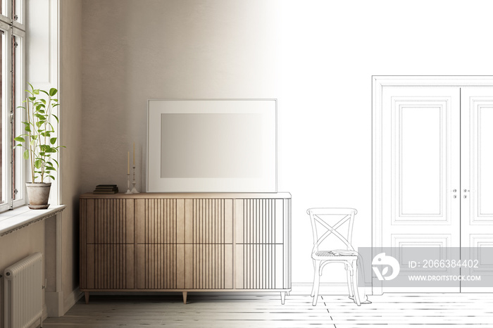 The sketch becomes a real interior of a bright room with a blank horizontal poster on a wooden commo