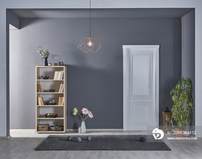 modern grey room bookshelf and white door style