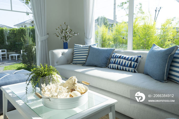 beach blue pillow on grey sofa in living room