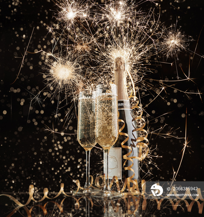 Glasses and bottle with champagne against fireworks. New Year