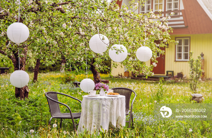 Patio furniture in apple garden on wild long lawn, table covered with white tablecloth and white pap