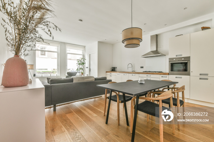 Interior of spacious light dining room with fireplace and elegant chandelier located near kitchen wi