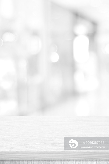 Vertical white table presentation, desk and blur background, Empty wood counter, shelf surface over 