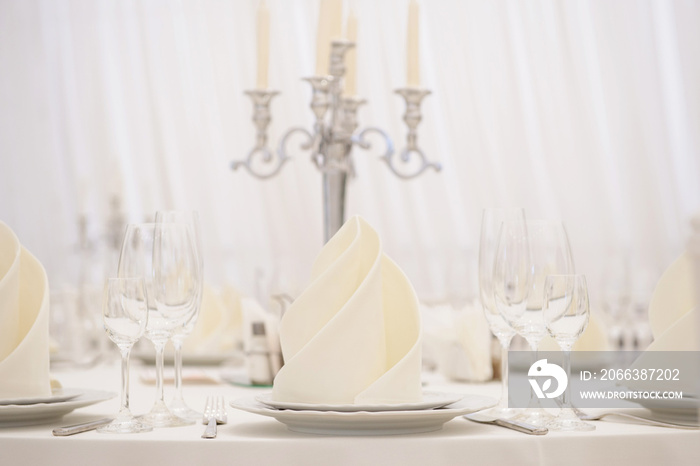 Close up view of wedding reception restaurant table