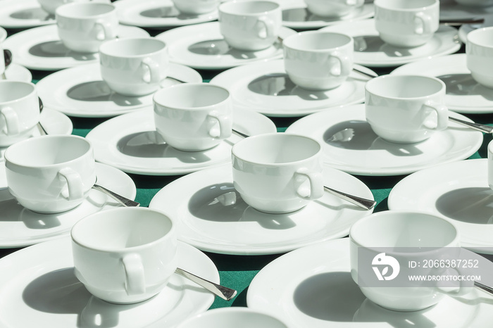 Group of empty coffee cups of white cup for service tea or coffee in meeting.