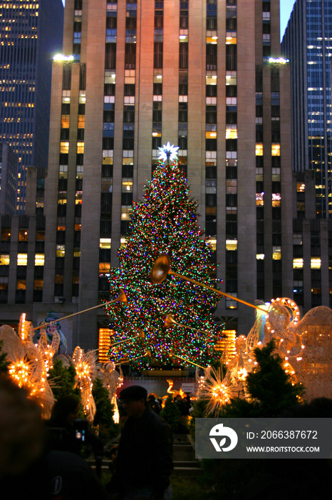 Beautiful shot of Rockefeller Center Christmas Tree in the evening