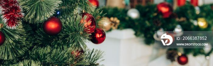 Panoramic shot of pine branches with Christmas balls