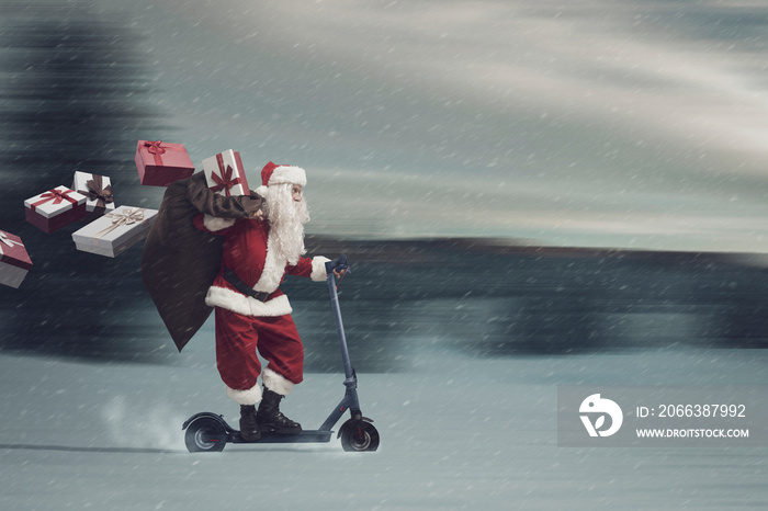 Santa Claus riding a scooter and delivering gifts