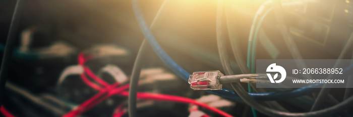 Internet cord RJ45. LAN network cable Supercomputer. Selective focus.