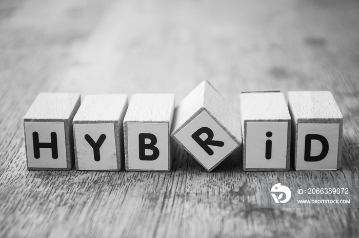 closeup  of wooden word on wooden table background concept  - Hybrid