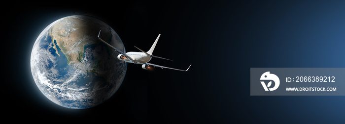 Travel concept of airplane flying around earth.