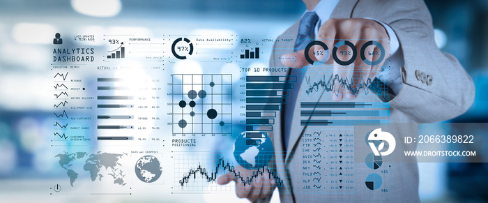 Intelligence (BI) and business analytics (BA) with key performance indicators (KPI) dashboard concep