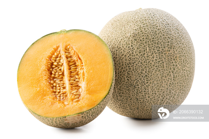 Close up of beautiful slices cantaloupe isolated on white background.