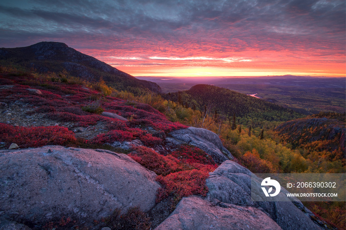 Magical sunrise over the landscape, Grands-Jardins national park, Charlevoix, Quebec, Canada