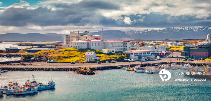 Panoramic summer view of Stykkisholmur port. Wonderful morning scene of west Iceland, Europe. Traveling concept background.