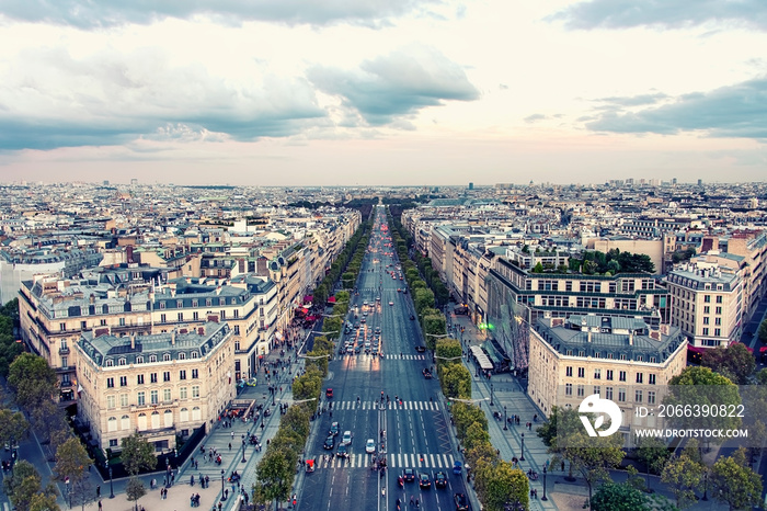 The Champs-Elysées avenue in Paris at sunset