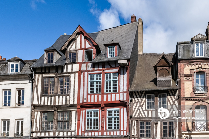 Pont-Audemer, beautiful city in Normandy, typical street with half-timbered houses