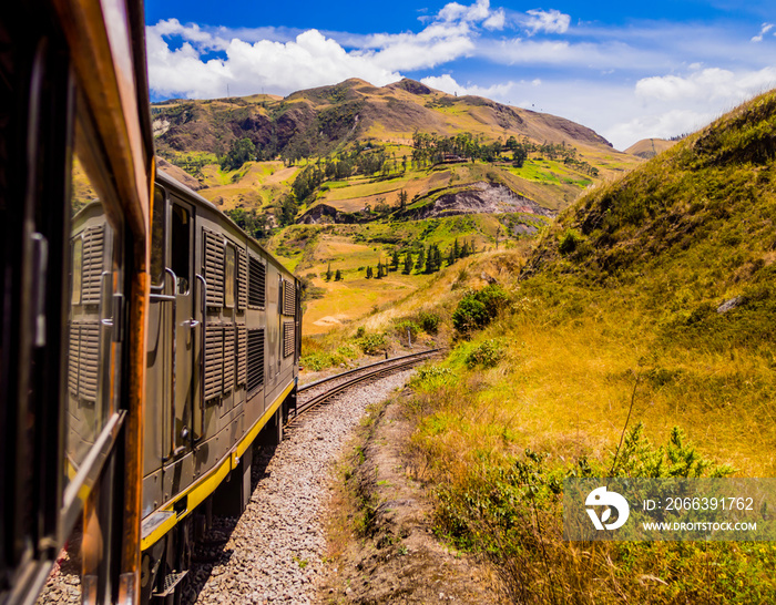 Devil’s Nose train running on beautiful andean landscape, Alausi, Ecuador