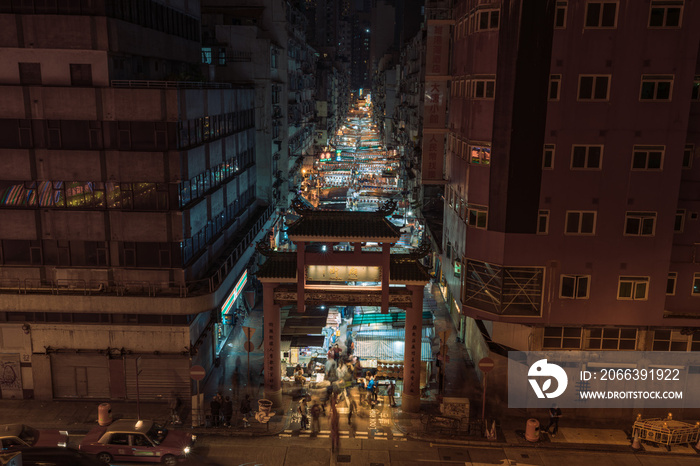 Hong Kong Traditional Street, Temple Street Night Market, Aerial view of the Night