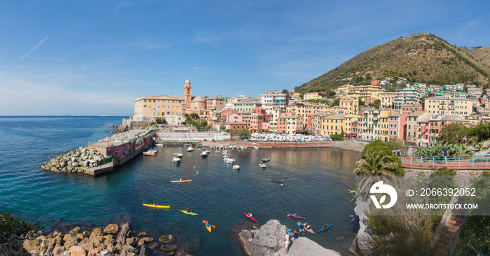 Holiday in Italy, village of Nervi. Ligurian sea, little port and boats