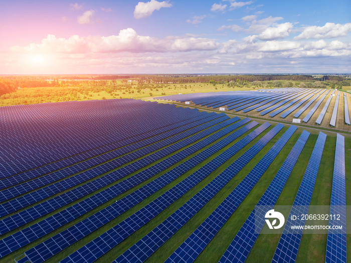 aerial view of solar panels on a sunny day.