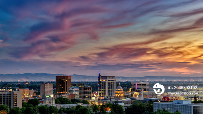 Sunset over Boise skyline on the 4th of July