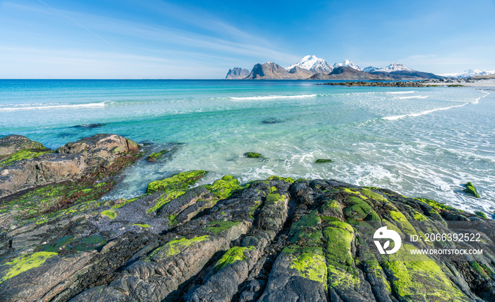 Empty beautiful beach during springtime on a sunny day with blue sky and silent ocean with small waves. Mountain chain with snow in the background. From Myrland beach in Lofoten - Norway.