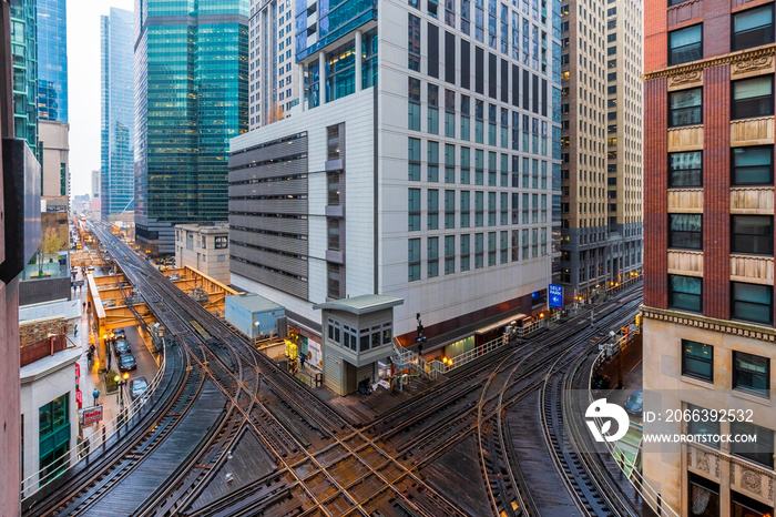 The loop long circuit of elevated rail that forms the hub of the Chicago  L  system in Chicago, Illinois.