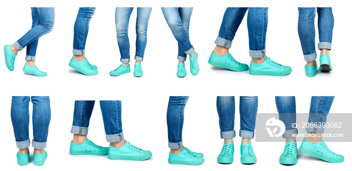 set of different female leg in jeans and sneakers isolated on white background