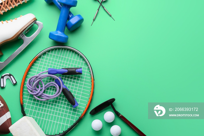 Set of sport equipment on color background