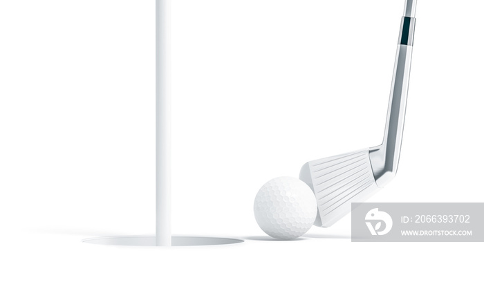 Blank white golf ball near hole with stick mockup, 3d rendering. Empty sport bal beside alveolus mock up, isolated. Golfing equipment template. Roll up plastic sphere with bandy